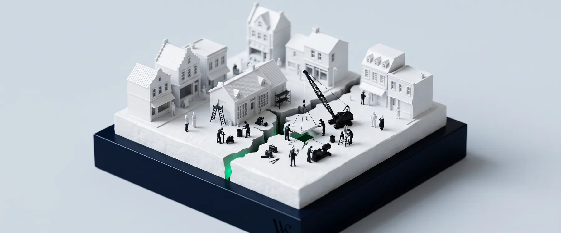 Une petite ville en maquette blanche posée sur une dalle fissurée, que des techniciens réparent à la grue ; la fissure déjà scellée brille en vert