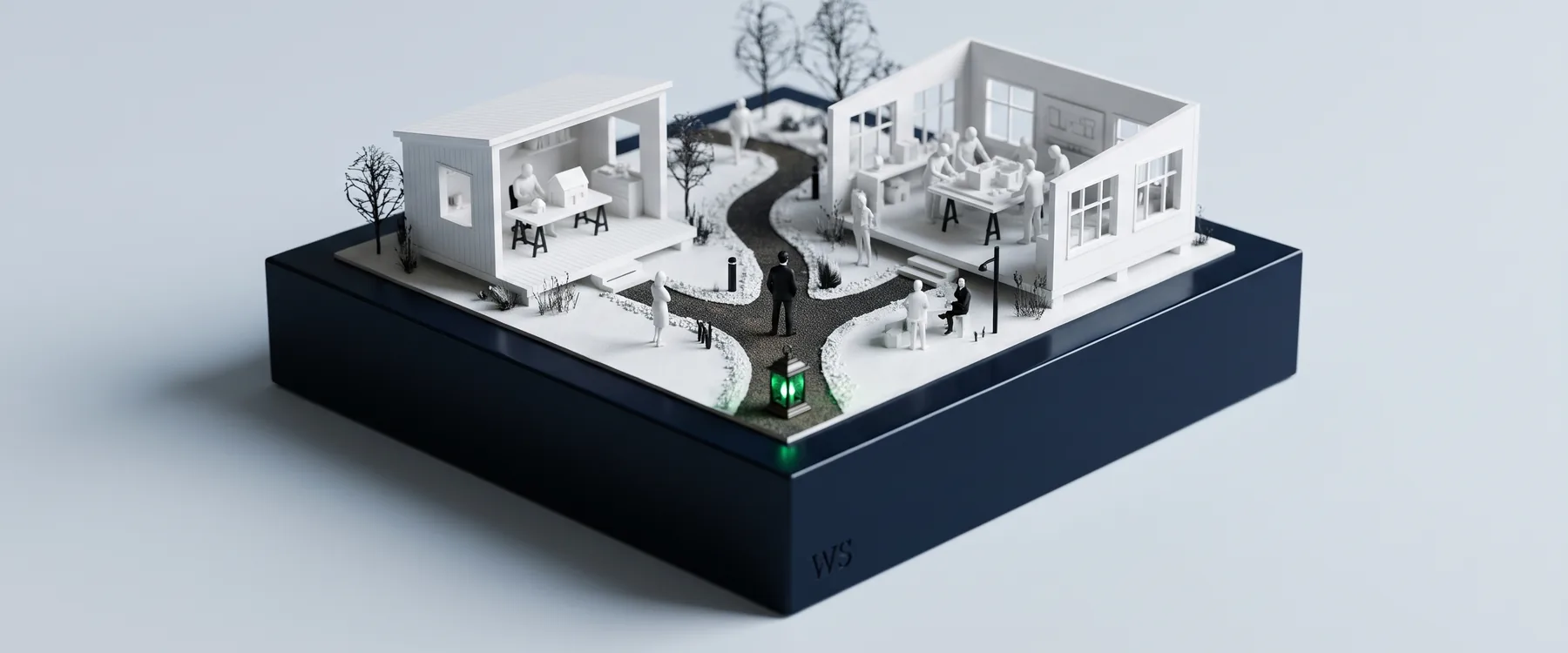 Deux ateliers en maquette blanche reliés par un chemin : à gauche une personne seule à son bureau, à droite une équipe autour d’une table, et un client à la croisée, près d’une lanterne verte