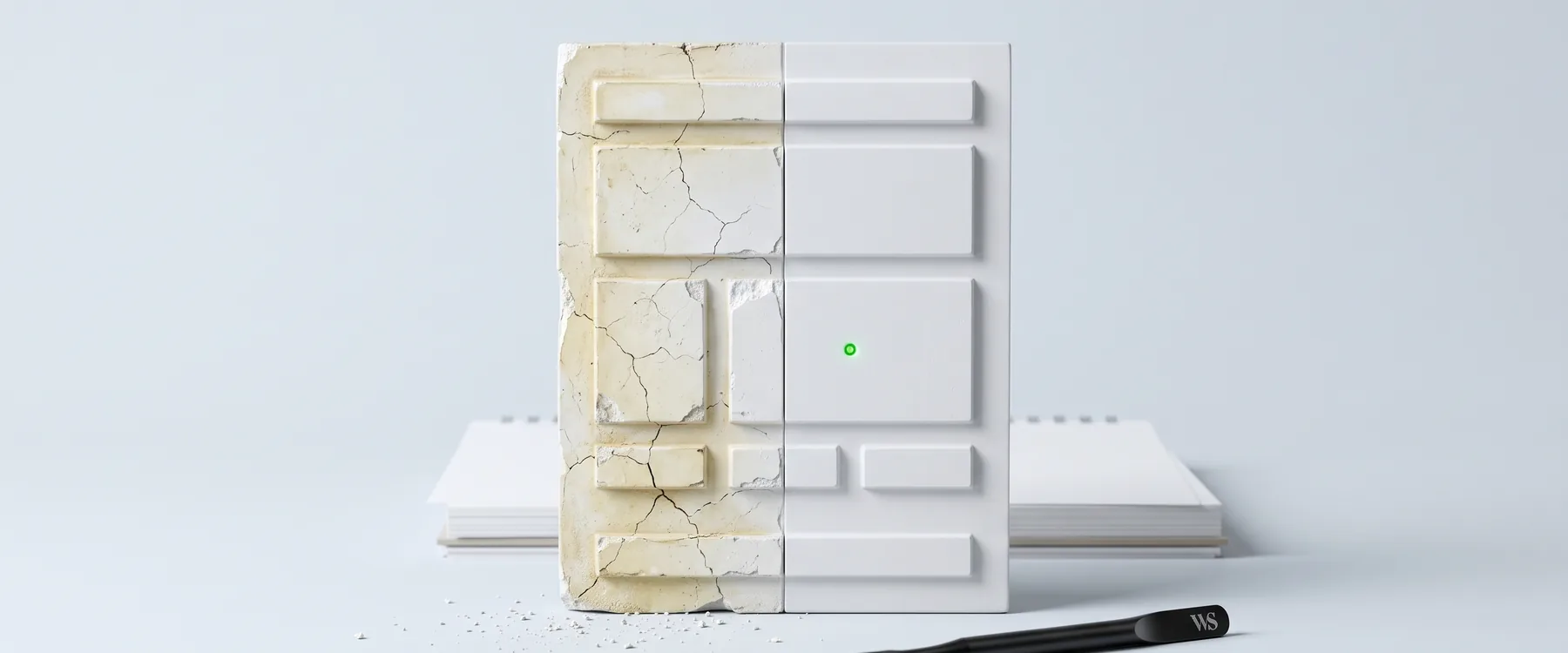 Un relief de page web à moitié fissuré et à moitié refait à neuf, un outil noir posé devant