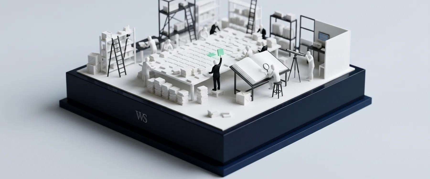 Un atelier en maquette blanche où de petites figurines trient des centaines de tuiles blanches ; l’une brandit une tuile verte, une autre consulte un grand registre à la loupe
