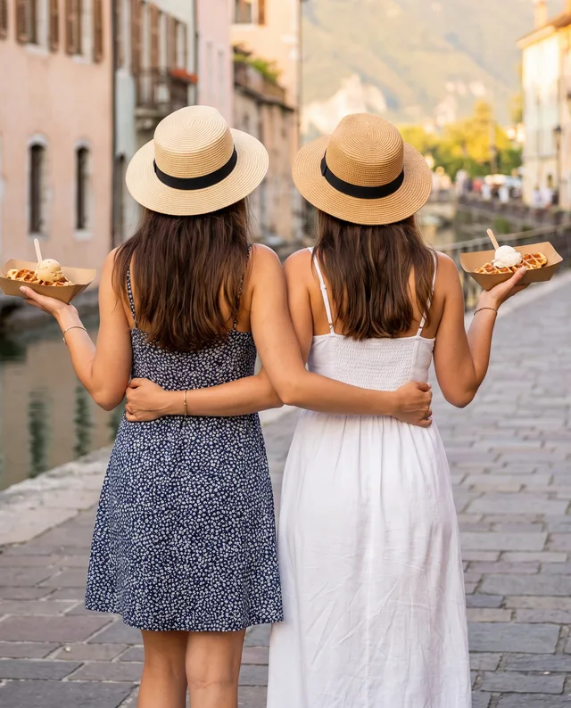 Deux amies de dos, croffle à la main, le long d'un canal