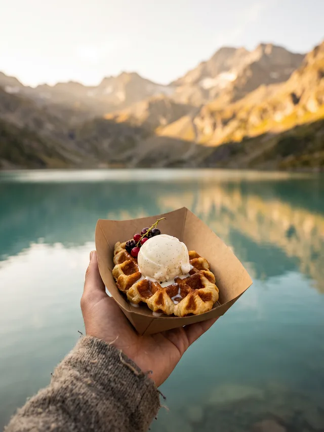 Un croffle tenu à la main devant un lac de montagne