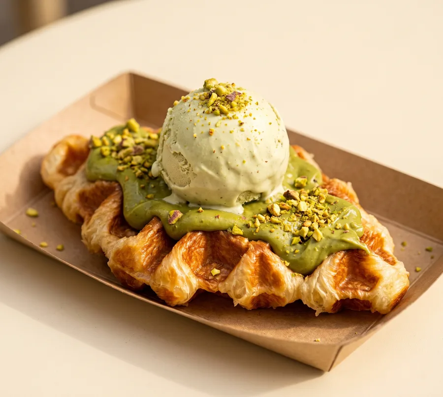 Croffle à la pistache, glace pistache et éclats de pistaches